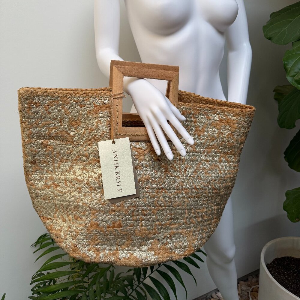 Antik Kraft Natural Straw Tote with Wooden Handles